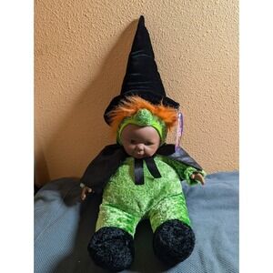 Sugar Loaf Baby Halloween Witch Doll Plush Orange Hair‎ Black Hat Green Outfit